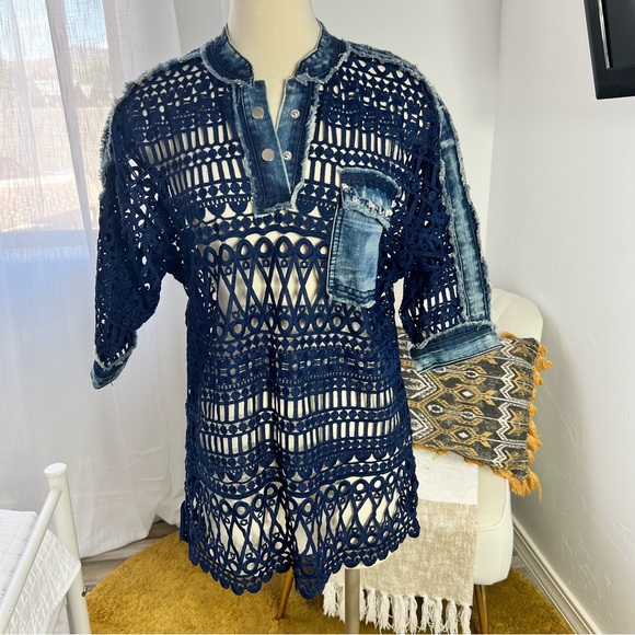 Crochet denim button down blouse - Picture 1 of 5